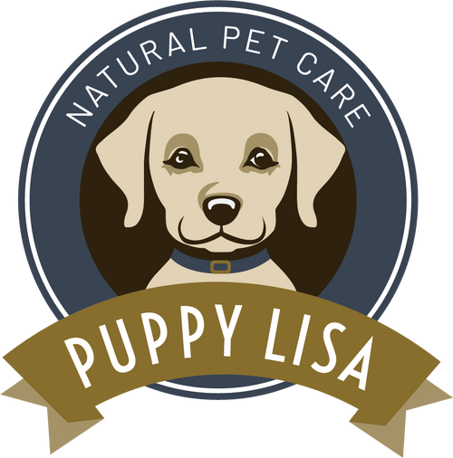 Stylized Puppy Lisa Logo with Natural Pet Care tagline in the background